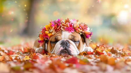 A charming bulldog adorned with a floral crown rests peacefully among colorful autumn leaves, creating a warm and tranquil scene perfect for pet lovers.の素材