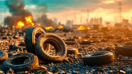 A dramatic scene showcasing abandoned tires scattered across a polluted landscape, with flames and smoke rising from the background and a city skyline illuminated by sunset.の素材