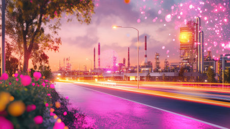 A stunning dusk scene capturing an industrial area with vibrant flowers lining the road, dynamic light trails from passing vehicles, and soft-focus smokestacks.の素材