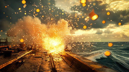 A stunning scene captures an explosion sending sparks and smoke into the ocean air, creating a dramatic atmosphere during sunset.の素材