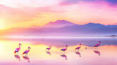 A breathtaking view of elegant flamingos gracefully wading in a calm lake at sunset. The vibrant colors of the sky reflect beautifully on the water, creating a serene atmosphere perfect for nature lovers and wildlife enthusiasts.の素材