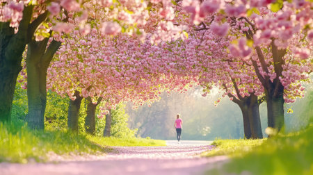 A tranquil spring scene featuring a woman strolling beneath a stunning canopy of cherry blossoms. The vibrant pink flowers create a serene atmosphere, perfect for relaxation and reflection.の素材