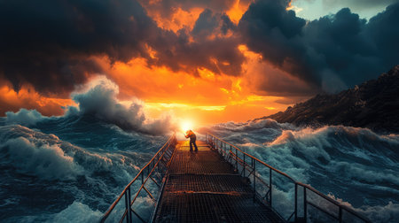 A stunning seascape featuring a stormy ocean with towering waves and a fiery sunset illuminating the pier. A solitary figure captures the dramatic beauty of nature.の素材