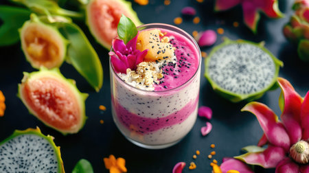 A stunning dessert showcases layers of creamy coconut and vibrant dragon fruit, topped with edible flowers and fresh fruit, perfect for health enthusiasts.の素材