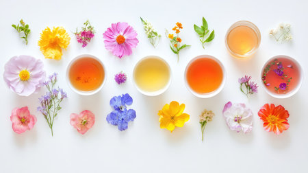 A visually stunning arrangement of floral teas and fresh flowers on a pristine white background, highlighting vibrant colors and natural beauty.の素材