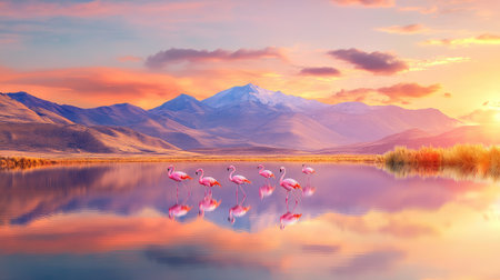 A breathtaking view of flamingos wading in a serene lake, surrounded by majestic mountains, under a vibrant sunset sky reflecting on the water.の素材