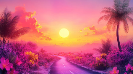 This stunning image captures a vibrant sunset over a winding tropical road, bordered by lush palm trees and colorful flowers. A scene of natural beauty.の素材
