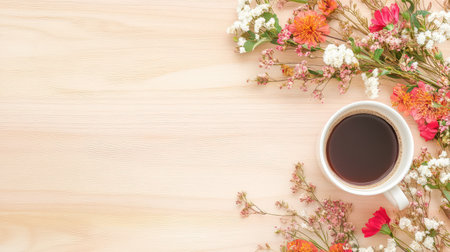 A delightful coffee cup placed on a light wooden background, adorned with vibrant flowers that enhances the cozy atmosphere and brings joy to any moment.の素材