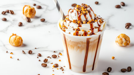 This image features a delectable dessert beverage topped with whipped cream, chocolate sauce, and crunchy toppings, perfect for coffee lovers.の素材