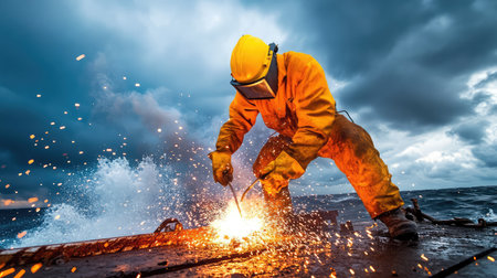 A skilled worker performs welding on a fishing vessel amidst waves and dramatic skies, showcasing the intensity of maritime labor and craftsmanship.の素材