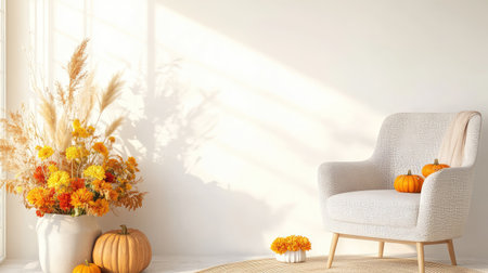 This serene interior showcases a cozy armchair adorned with seasonal pumpkins surrounded by vibrant flowers, creating a warm and inviting atmosphere.の素材