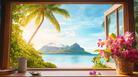 A picturesque scene featuring a window overlooking a tropical paradise, showcasing palm trees, vibrant flowers, and a tranquil coastline. Perfect for evoking relaxation.の素材
