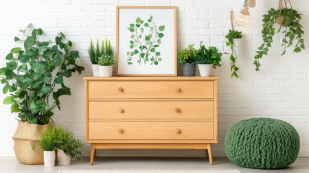 This image features a stylish wooden dresser with three drawers, accompanied by lush greenery and a nature-inspired artwork, perfect for a modern interior design.の素材