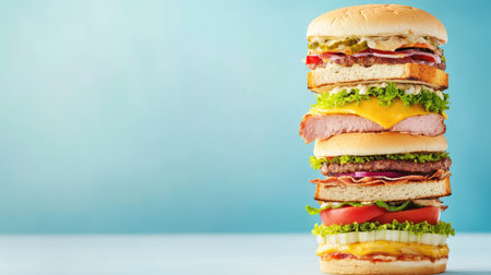 A visually appealing stack of mouthwatering burgers showcasing layers of fresh ingredients, perfect for food enthusiasts seeking delicious meal inspiration.の素材