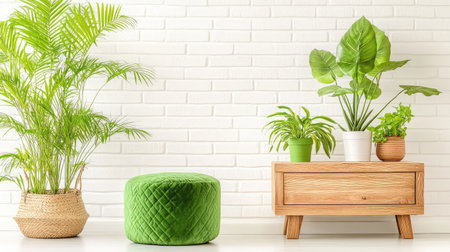 A vibrant indoor scene featuring lush plants in various pots, a green pouf, and a stylish wooden table against a bright white brick wall. Perfect for home decor inspiration.の素材