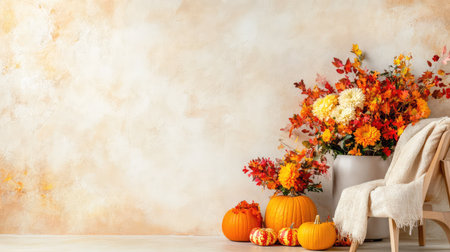 This beautiful autumn scene features vibrant flowers and pumpkins against a rustic backdrop, creating a cozy atmosphere perfect for seasonal celebrations.の素材