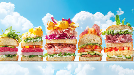 A vibrant sandwich tower featuring various layers of fresh ingredients like vegetables, meats, and cheeses under a scenic blue sky with fluffy clouds.の素材