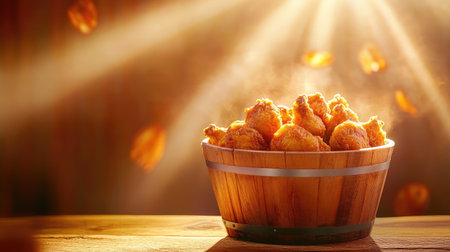 A visually appealing image featuring a wooden bowl filled with crispy golden fried chicken drumsticks, beautifully lit by warm light, creating an inviting atmosphere perfect for meal presentations.の素材