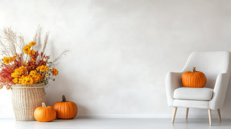 A serene autumn scene featuring vibrant pumpkins and a floral bouquet in a cozy indoor setting, perfect for seasonal decor inspiration.の素材