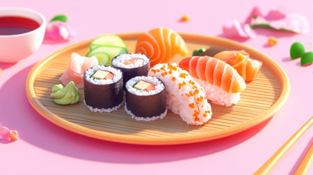 A vibrant arrangement of sushi on a wooden plate, featuring various types, colors, and garnishes against a cheerful pink background, perfect for food lovers.の素材