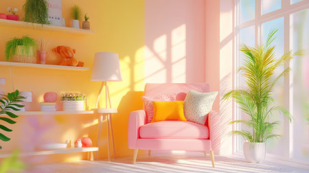A stunning living room captures a cozy and inviting atmosphere, featuring pastel colors, bright natural light, and stylish decor elements.の素材