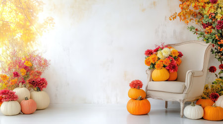 A charming autumn setting features an elegant chair adorned with colorful flowers and pumpkins. The warm hues create a cozy and inviting atmosphere, perfect for seasonal celebrations.の素材