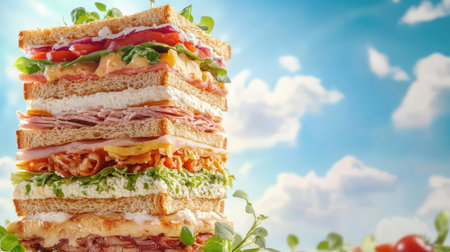 A vibrant, layered sandwich showcasing a variety of fresh vegetables and meats against a bright sky backdrop. Perfect for food photography and culinary inspiration.の素材