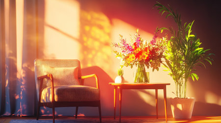 A cozy living room setup featuring an elegant armchair, a wooden table adorned with a vibrant floral arrangement, and a lush plant. Warm sunlight casts gentle shadows, creating an inviting and tranquil atmosphere perfect for relaxation or gatherings.の素材