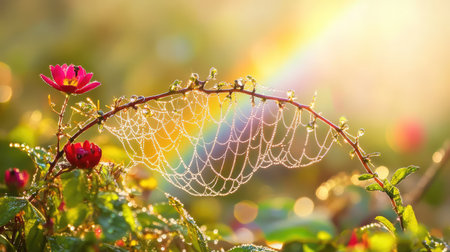Capture the enchanting essence of nature with a dew-covered spiderweb gracefully spanning between blooming flowers, illuminated by soft morning light and a fleeting rainbow in the background.の素材