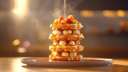 A mouth-watering stack of golden waffles drizzled with syrup, topped with fresh berries, captured in a warm and inviting kitchen setting.の素材