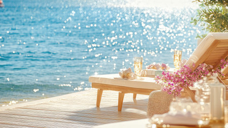 A serene beachside scene featuring stylish lounge chairs adorned with flowers, sparkling water, and bright sunlight creating a tranquil atmosphere.の素材