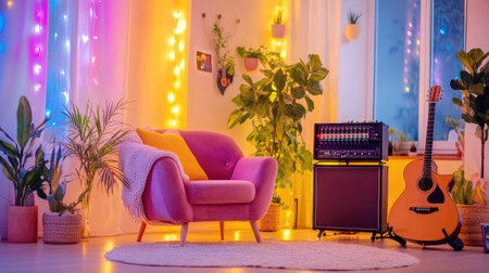 A cozy modern living room featuring vibrant lights, indoor plants, and an acoustic guitar, creating a warm and inviting atmosphere for relaxation.の素材