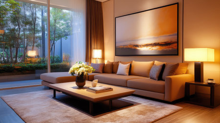 A stylish modern living room showcasing a plush sofa, warm lighting, and serene artwork, perfect for creating a welcoming and cozy environment.の素材