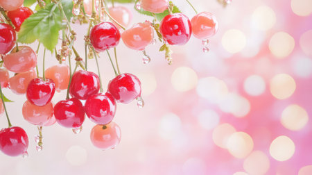 A stunning close-up of fresh red cherries adorned with raindrops, set against a soft pink bokeh background, perfect for summer-themed projects.の素材