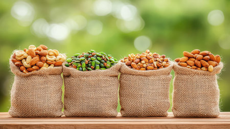 A collection of assorted nuts beautifully displayed in burlap bags on a rustic wooden table, with a soft green background that enhances the natural appeal.の素材