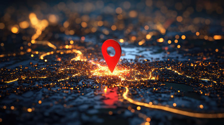 A stunning aerial view of a city illuminated at night, featuring a bold red location pin symbolizing a navigation point, perfect for travel or tech themes.の素材