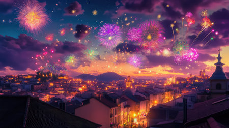 A stunning view of a vibrant city skyline illuminated by a festive fireworks display under a twilight sky, capturing the essence of celebration and joy.の素材