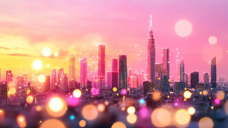 A stunning city skyline captured at sunset, showcasing a vibrant atmosphere filled with colorful bokeh effects, modern skyscrapers, and a twilight glow.の素材
