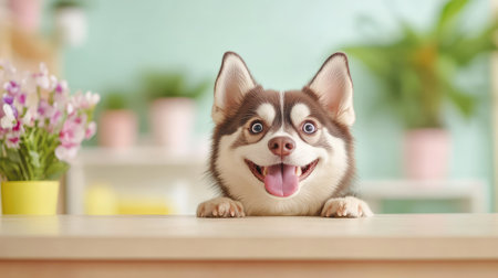 A cheerful and adorable dog with a joyful expression peeks over a table in a vibrant indoor setting, surrounded by colorful plants and flowers.の素材
