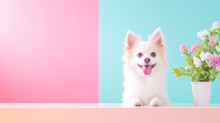 A cheerful fluffy dog smiles joyfully against a pastel-colored background. Bright flowers in a pot add color, enhancing the playful atmosphere.の素材