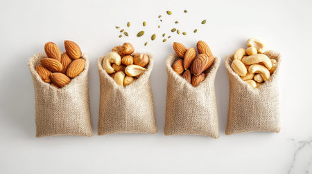 An enticing display of assorted nuts in rustic burlap bags on a clean white background. Ideal for promoting healthy snacking, meal preparation, and gourmet recipes.の素材