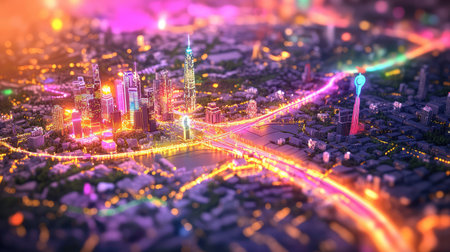 Explore a captivating aerial view of a modern cityscape featuring vibrant lights and towering skyscrapers. This stunning night scene showcases urban beauty.の素材
