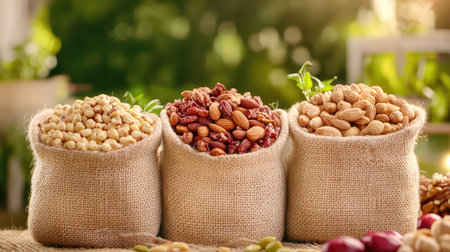 A vibrant display of assorted nuts and legumes in burlap sacks, showcasing a healthy and natural lifestyle. The image captures the essence of rustic charm with its warm tones and organic texture, perfect for food-related themes.の素材