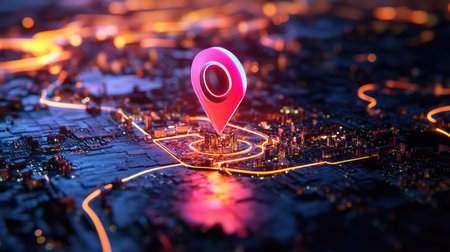 This striking 3D visual features a vibrant city map illuminated by neon lights, showcasing a location pin marker, ideal for digital navigation themes.の素材