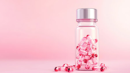 A clear glass bottle filled with vibrant pink capsules sits against a soft pink background, creating a perfect visual for health and beauty themes.の素材