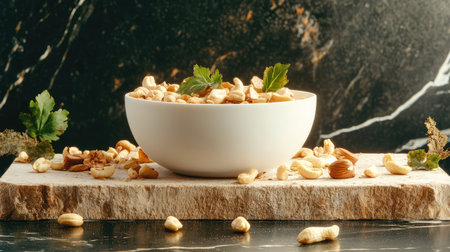 A visually appealing composition featuring a white bowl filled with assorted nuts and spices placed on a rustic wooden board, complemented by fresh herbs.の素材