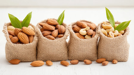 A collection of assorted nuts displayed in rustic burlap sacks, complemented by fresh green leaves, showcasing the natural beauty of healthy snacks.の素材