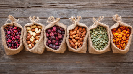 A collection of assorted dried fruits and nuts beautifully arranged in jute bags on a rustic wooden surface. Perfect for health-conscious consumers.の素材