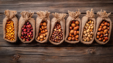 A beautiful arrangement of assorted nuts and seeds presented in rustic burlap bags, set against a wooden background, perfect for promoting healthy eating and natural foods.の素材