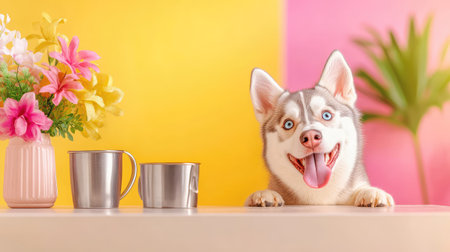 A charming Siberian Husky with striking blue eyes sits at a table, showcasing a playful smile next to colorful flowers and metal cups against a vibrant backdrop.の素材